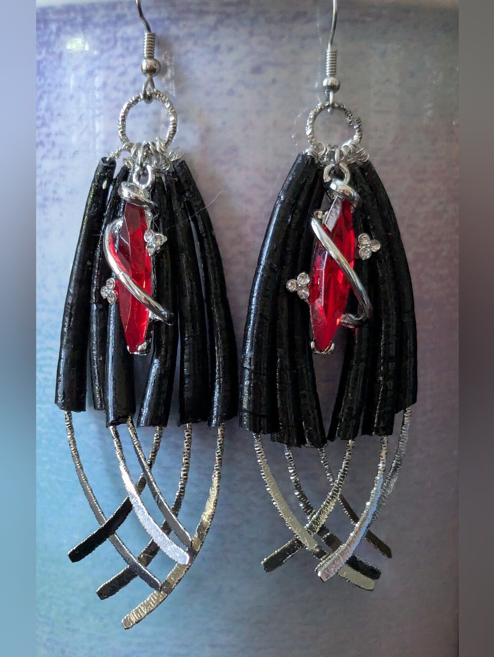 Indigenous Created Gothic Style Black Tusk Shell Earrings W/ Large Red Crystals
